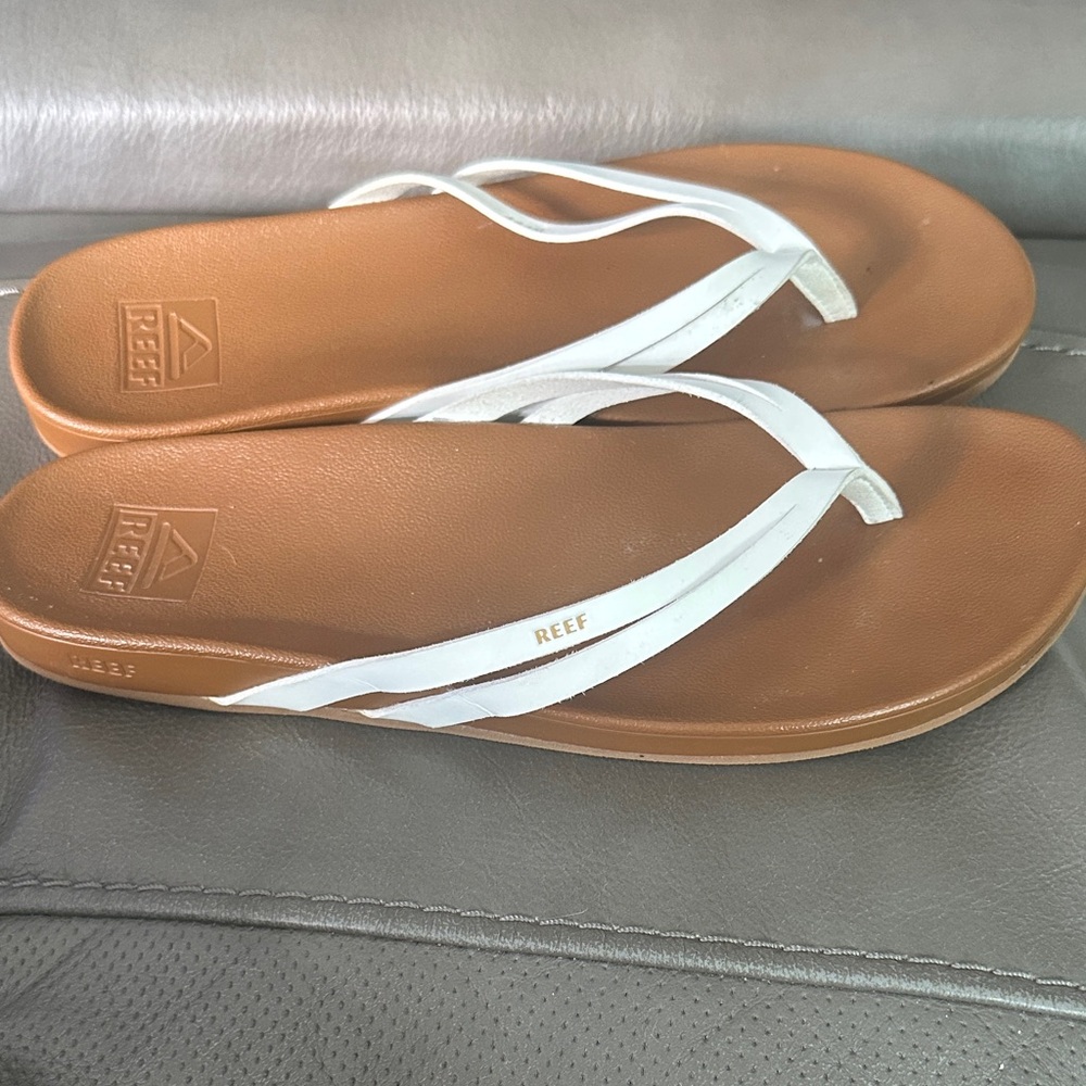 Reef Women's Sandals with White Straps and Brown Soles